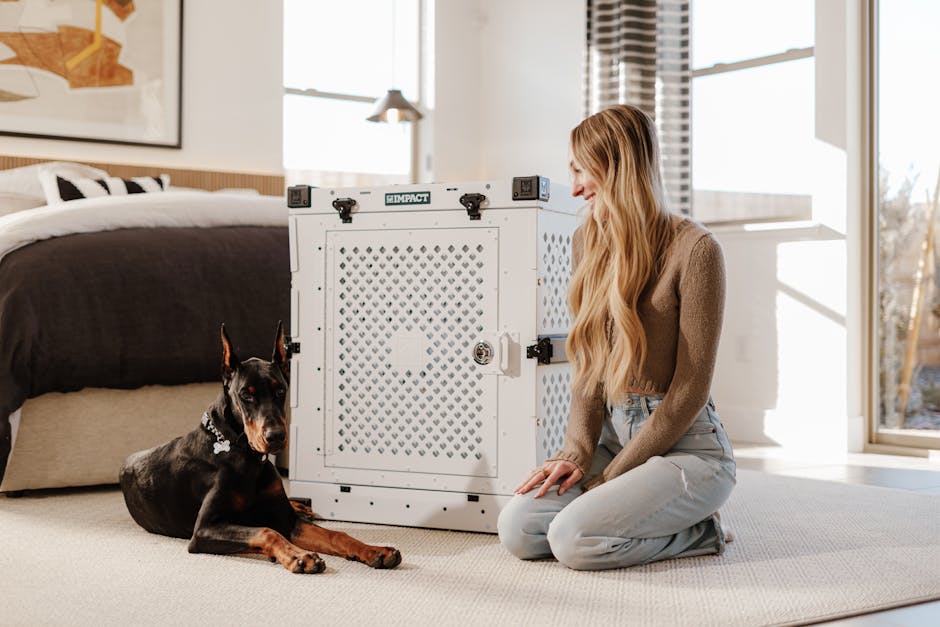 Blonde woman and Doberman enjoying natural light in modern bedroom with dog crate.