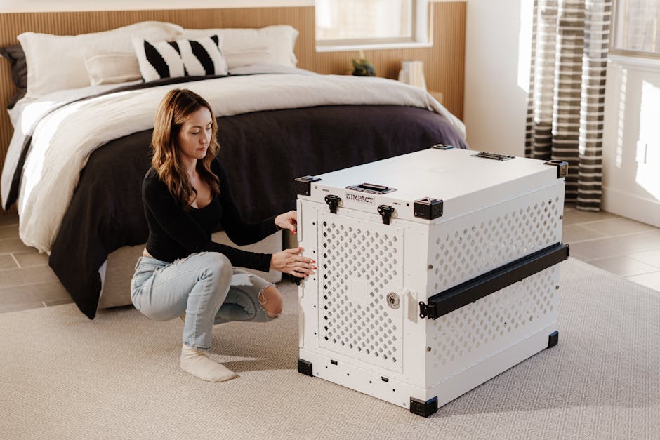 A young woman assembles a durable dog crate in a bright, modern bedroom with natural lighting.