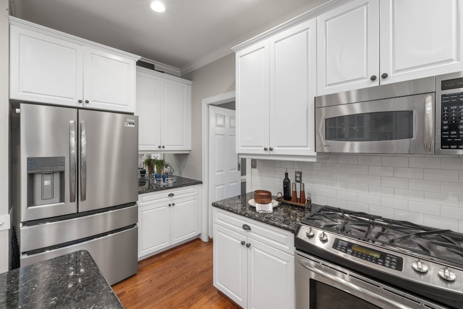 Contemporary kitchen featuring stainless steel appliances and white cabinetry for a clean, modern look.