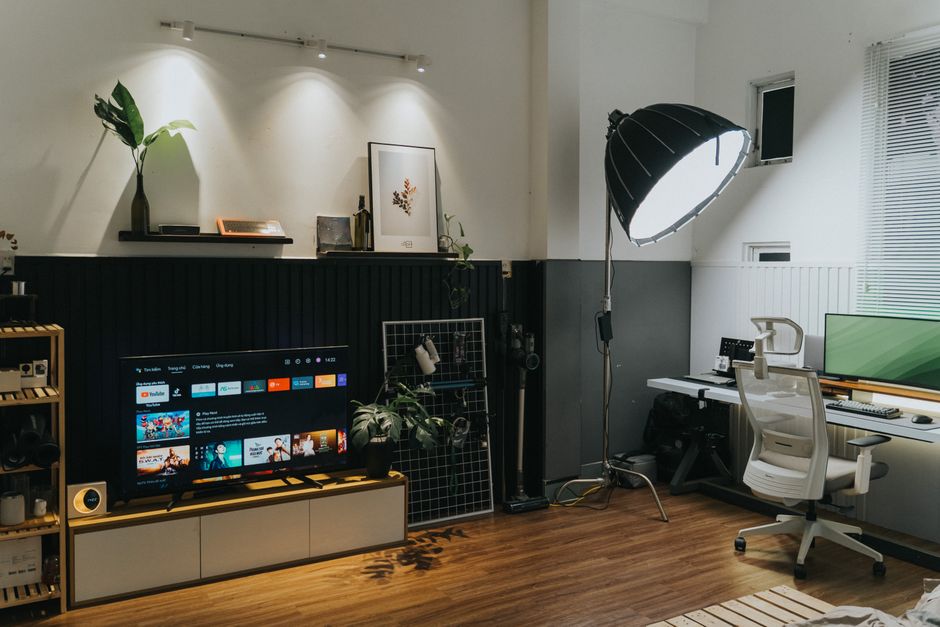 Stylish home office and living room space featuring modern furniture and contemporary design elements.